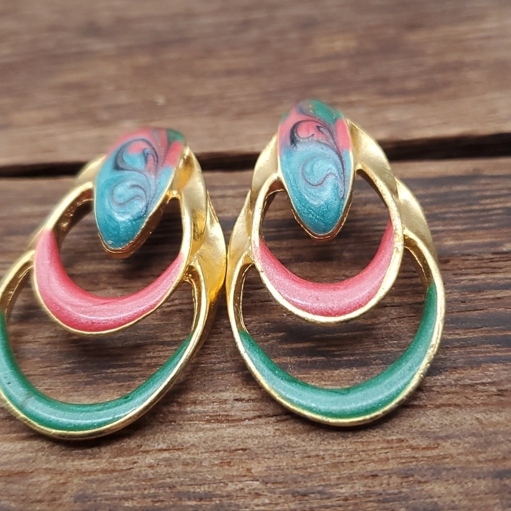 1980s vintage color melt earrings peacock‎ E2176